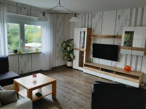 a living room with a couch and a tv at Ferienhaus Flotte Biene in Buggow in Rubkow