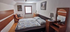 - une chambre avec un lit, un miroir et une chaise dans l'établissement Vilka Stefi, à Ždiar