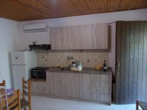 a kitchen with wooden cabinets and a refrigerator at Villa Mina in Potistika +31 photos