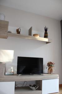 escritorio con TV y estanterías en la pared en Precioso duplex en arbucias en Arbúcies