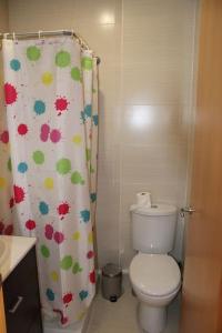 a bathroom with a toilet and a shower curtain at Precioso duplex en arbucias in Arbúcies