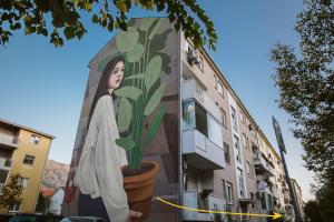 a mural of a woman on the side of a building at Hercegovina apartments in Mostar