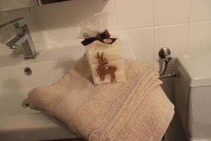un asciugamano sul bordo di una vasca da bagno di HomeW4 - Apartment Sonnenschein a Hoheneich