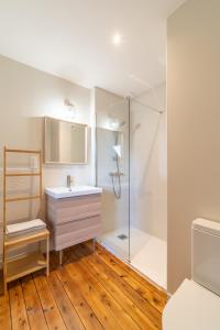 La salle de bains est pourvue d'un lavabo et d'une douche. dans l'établissement L'Orée du Faubourg - VENDOME CENTRE, à Vendôme