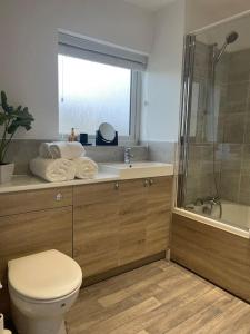 a bathroom with a toilet and a sink and a shower at Normsy Place Seaside Serenity Breath Taking Views in St Bees