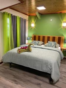 1 dormitorio con 1 cama grande y paredes verdes en BEC ROZ' en Salazie