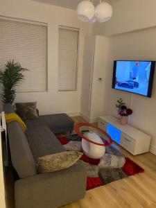 a living room with a couch and a flat screen tv at Model 2bedrooms flat London. in Woolwich