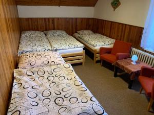 um quarto com duas camas e uma cadeira e uma mesa em Chata Slunečná louka em Cerný Dul