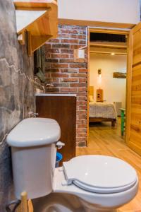 a bathroom with a toilet and a brick wall at Hotel Colibri in Mineral de Pozos