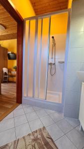 a bathroom with a shower with a glass door at Hajas Família Kiadó Szobák in Balatonmáriafürdő