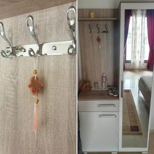 two pictures of a kitchen and a bathroom with a sink at The jewel of the coast in Sousse