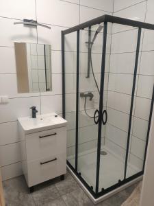 a bathroom with a glass shower and a sink at Apartament Rumia z Garażem in Rumia