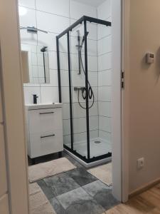 a bathroom with a glass shower and a sink at Apartament Rumia z Garażem in Rumia