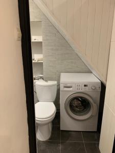 łazienka z toaletą i pralką w obiekcie Le Gîte de Félix - Maison chaleureuse 190m2 - 6 ch - 20pers w mieście Sonnay +37 zdjęć