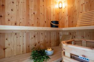 a sauna with wood paneled walls and a shelf at Chalet 1888 in Bad Sankt Leonhard im Lavanttal