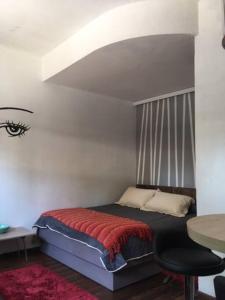 1 dormitorio con 1 cama con manta roja en Departamento, Barrio Bellavista, en Santiago