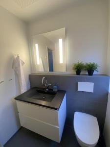a bathroom with a sink and a toilet and a mirror at Okkara summarhús við Gjógv - Luxury cottage - Unique location in Við Gjógv