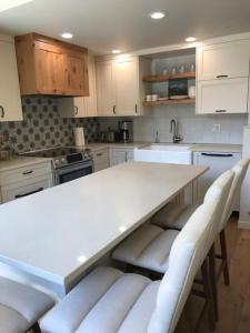 a kitchen with a white counter top and white cabinets at Newly Renovated Creekside Cabin! in Almont