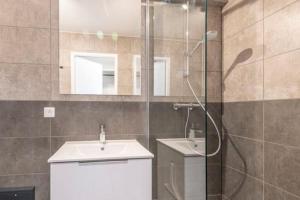 bagno con doccia, lavandino e servizi igienici di joli appartement avec balcon proximité lac ad Annecy