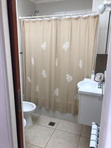 a bathroom with a shower curtain and a sink at Casa en Tandil in Tandil
