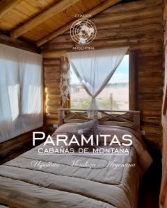 1 dormitorio con 1 cama en una cabaña de madera en Paramitas - cabañas y hostel de montaña en Uspallata