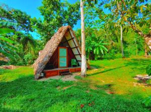 a small house with a thatched roof in the grass at Hotel Jasayma dentro del Parque Tayrona in El Zaino