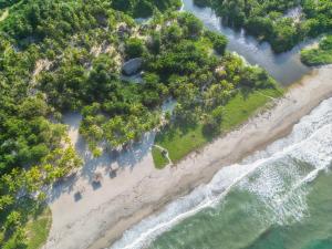 an aerial view of a beach with trees and water at Playa Bonita Hotel EcoCabañas Tayrona in Buritaca