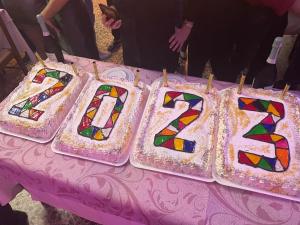 a table with three birthday cakes on top of it at Albergo Ristorante Giuliana in Guarcino