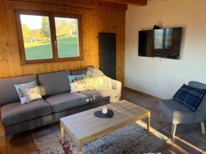 a living room with a couch and a table and a tv at Chalet Crest-Voland, 7 pièces, 8 personnes - FR-1-505-181 in Crest-Voland