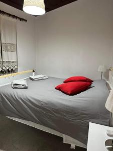 1 cama grande con almohadas rojas en una habitación en Omodos vintage houses, en Omodos