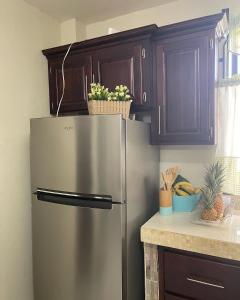 a stainless steel refrigerator in a kitchen with wooden cabinets at Vintage Oaks Hideaway 