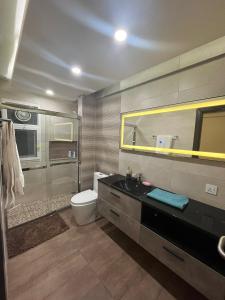 a bathroom with a sink and a toilet and a shower at Elysium Service Apartment 1203 in Islamabad