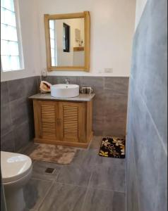 Un baño con lavabo, inodoro y espejo. en Saschas Place, en Siquijor