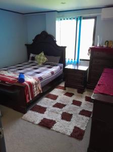 ein Schlafzimmer mit einem Bett, einem Teppich und einem Fenster in der Unterkunft Karans Apartment 