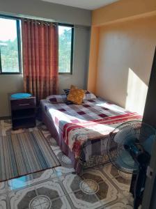 Schlafzimmer mit einem Bett, einem Ventilator und einem Fenster in der Unterkunft Karans Apartment 