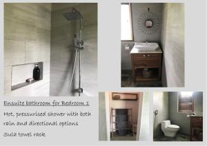 y baño con ducha, aseo y lavamanos. en Melati House Batukaras, en Batukaras