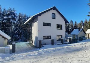 ein weißes Haus im Schnee mit Bäumen in der Unterkunft Apartmány Aktiv Lipno in Lipno nad Vltavou