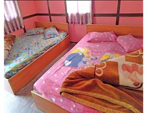 two twin beds in a room with pink walls at Rishi River Cottage, West Bengal in Pedong