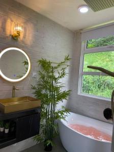 uma casa de banho com uma banheira, um lavatório e uma planta em Private Homestay with 2 bedroom and comfort tent em Bentong