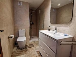 een badkamer met een wastafel, een toilet en een spiegel bij Mirador de Málaga in Málaga