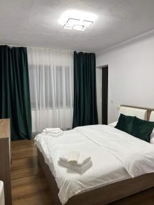 Un dormitorio con una cama con dos libros. en Vila AliBi Valiug - 200m from Ponton Casa Baraj, en Văliug