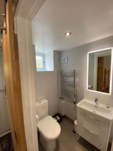 a bathroom with a white toilet and a sink at Brigstone Stable - charming peaceful cottage in Lothersdale +15 photos