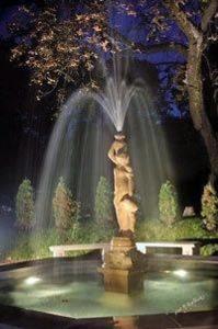 a fountain in the middle of a park at night at VIILLA REZIDENCE in Kudowa-Zdrój