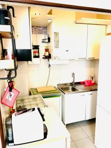 uma pequena cozinha com armários brancos e um lavatório em Intero appartamento Bolohouse em Bolonha