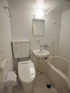 Baño blanco con aseo y lavamanos en WAY SHIRAKAWAGO - Private, Free Parking and Newly Opened 2022 WAY SHIRAKAWAGO, en Shirakawa