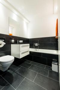La salle de bains est pourvue de toilettes, d'un lavabo et d'un miroir. dans l'établissement Apartments Auriga, à Saas-Fee