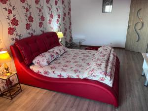 a red couch in a living room with at Apartament in centrul Bacau in Bacău