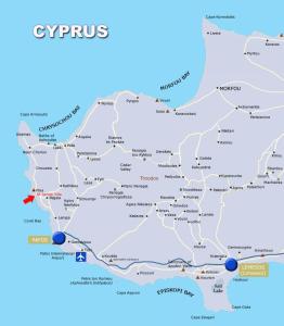 an illustrated map of cyprus with cities and airports at Ascos Coral Beach Hotel in Coral Bay