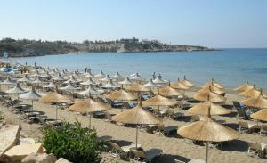 a bunch of umbrellas and chairs on a beach at Ascos Coral Beach Hotel in Coral Bay