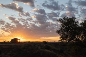 um pôr-do-sol sobre um campo com um edifício e uma árvore em Quinta Marugo Retreats em Serpa
